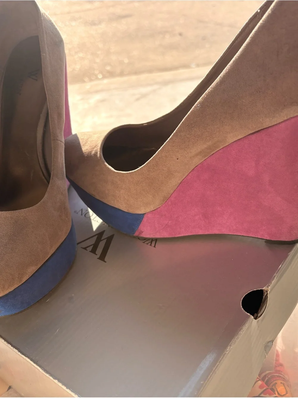Worthington Beige Suede Wedges with Pink & Blue Contrast Wedge